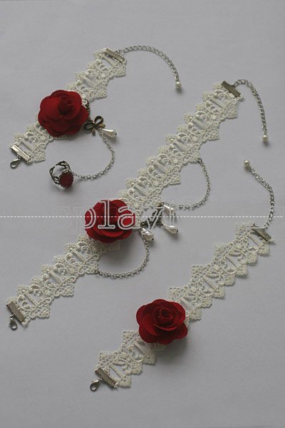 Gothic Lolita Camellia Choker Cuff with Ring Anklet Set - Image 9